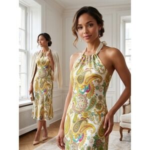 Ruth Anthropologie Silk Paisley Halter Midi‎ Dress Ivory Multicolor Coquette 6